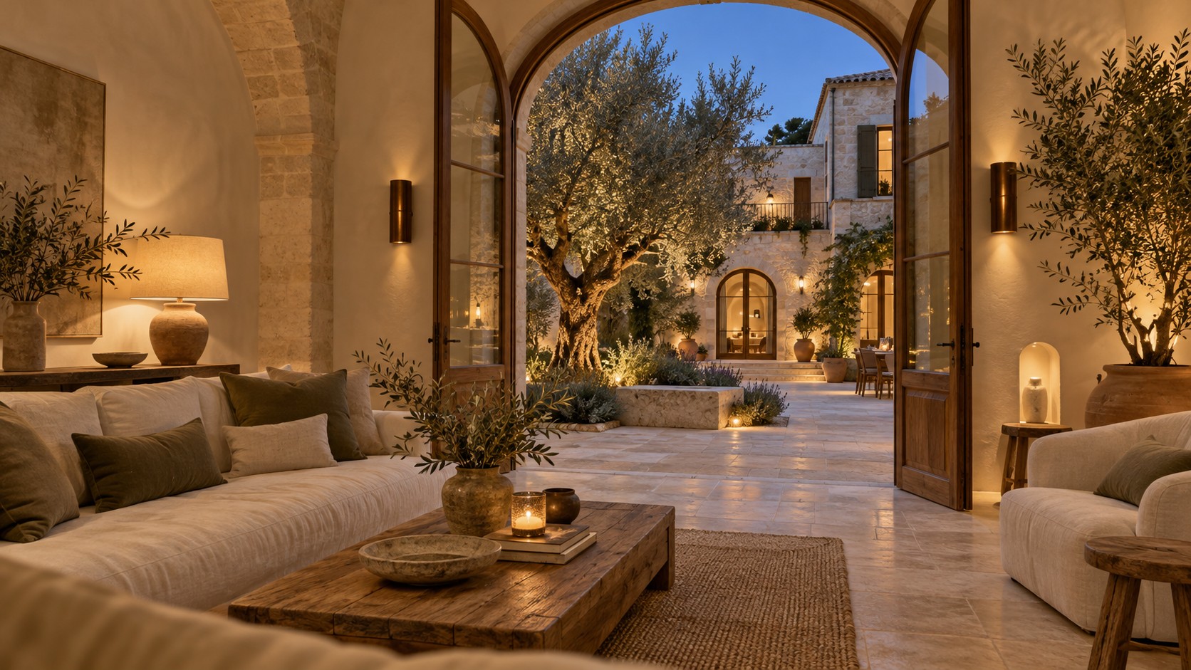 A warm CASA NOMA lounge opening into the courtyard at dusk