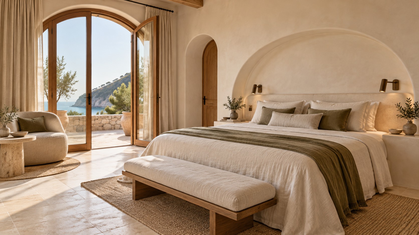Morning light through arched oak doors in the Noma Suite